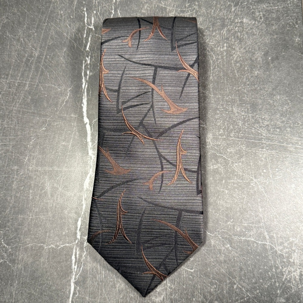 Vintage Format Abstract Floral Necktie Gray Brown Embroidered Flower 1990s